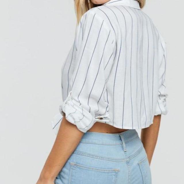 White Bell Sleeve Crop Top - Button Up Crop Top - White Front Tie