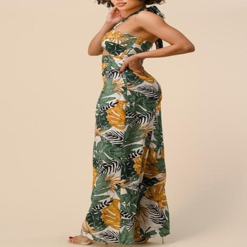 Tropical Palm Halter Jumpsuit - DeVanitè Boutique