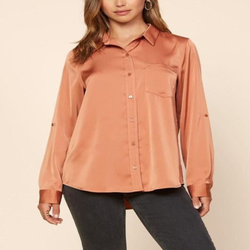 Like a Dream Sugar Maple Satin Button-Up - DeVanitè Boutique