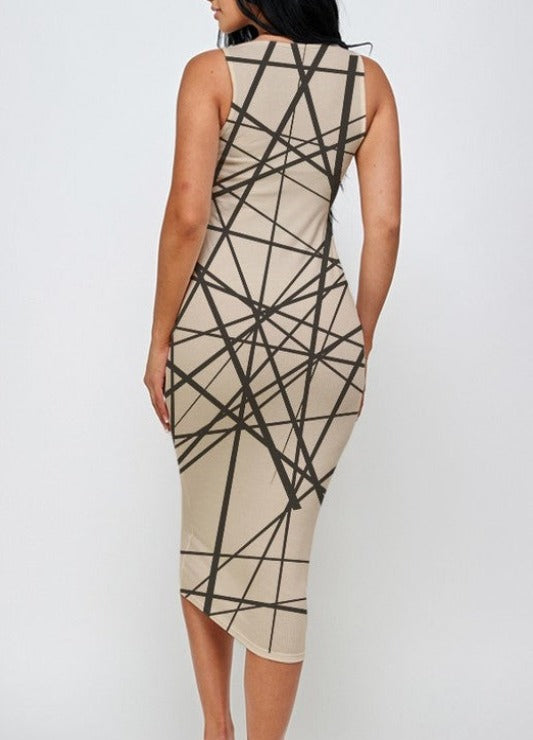 Abstract Print Ribbed Bodycon Midi Tank Dress - DeVanitè Boutique