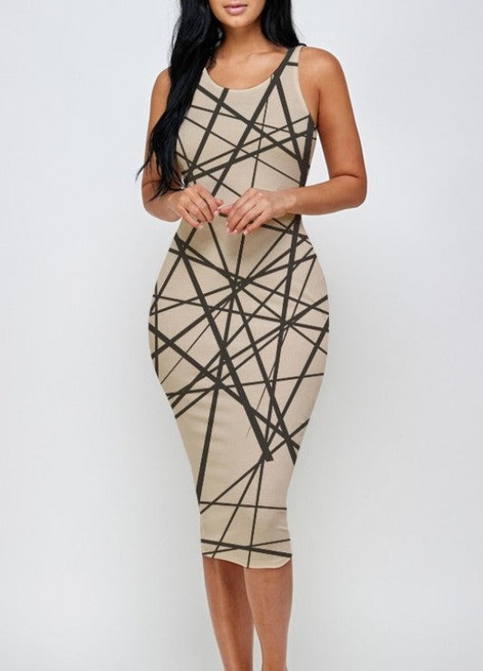 Abstract Print Ribbed Bodycon Midi Tank Dress - DeVanitè Boutique