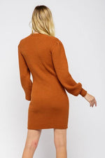 Always Chic Long Sleeve Sweater Dress. Burnt Orange Back View