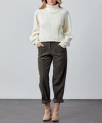 Retro High Waist Straight Leg Corduroy Pant in Olive. Full body View