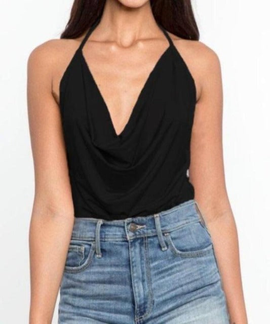 Swanky Draped Neck Bodysuit Black - DeVanitè Boutique