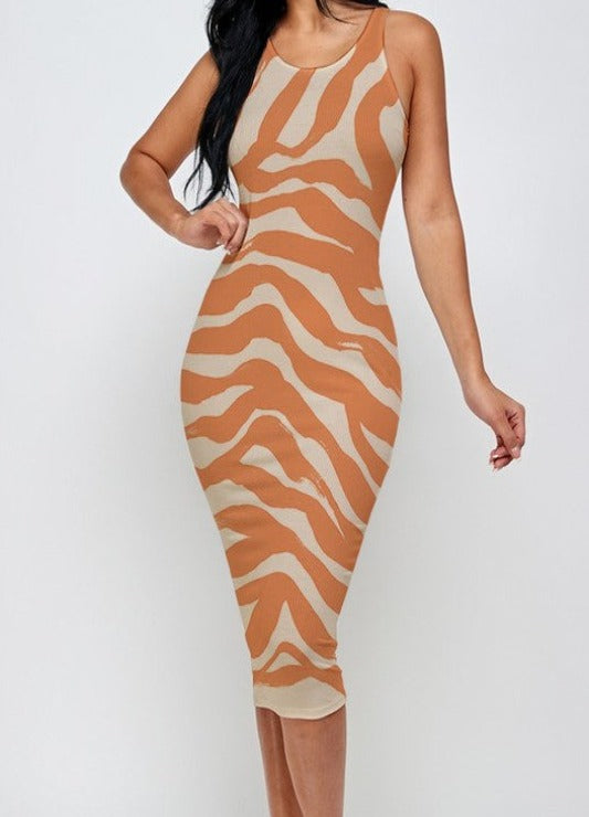 Zebra Print Ribbed Bodycon Midi Tank Dress - DeVanitè Boutique