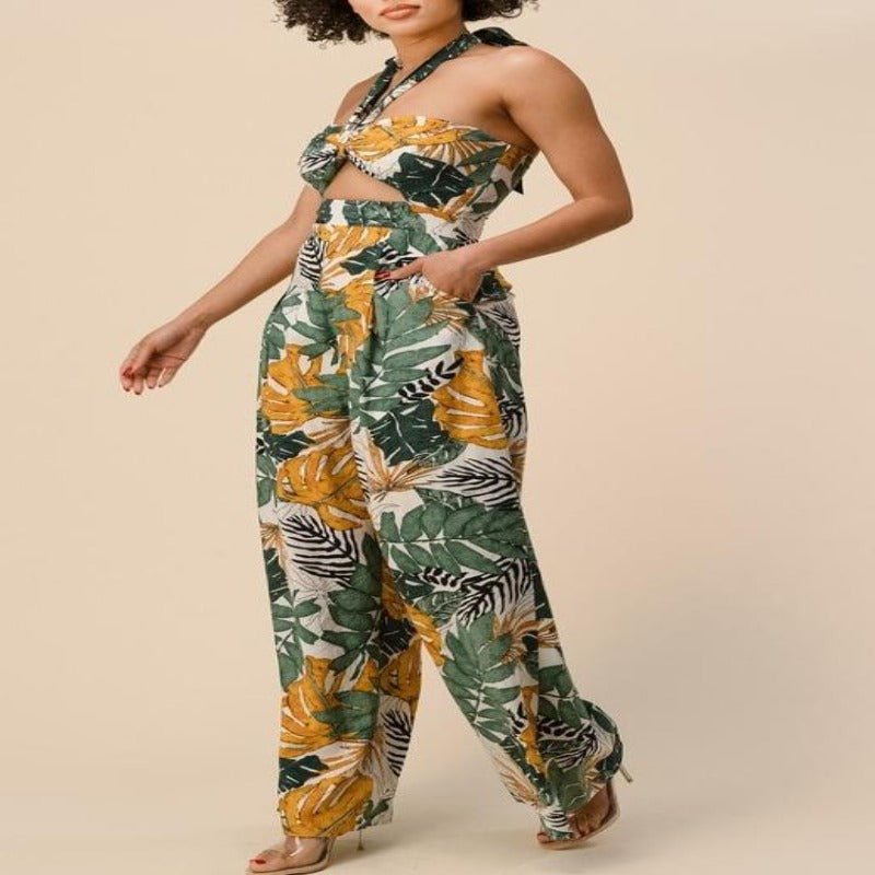 Tropical Palm Halter Jumpsuit - DeVanitè Boutique