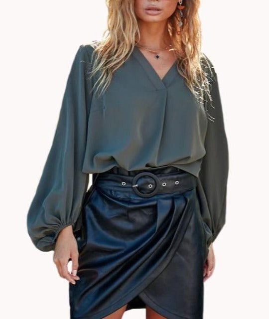 Satin Button Detail Balloon Sleeve Blouse